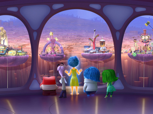 This photo provided by Disney-Pixar shows , Anger, Fear, Joy, Sadness and Disgust look out upon Riley's Islands of Personality, in a scene from the new animated film, "Inside Out." The movie opens June 19, 2015. (AP Photo/Copyright Disney-Pixar)